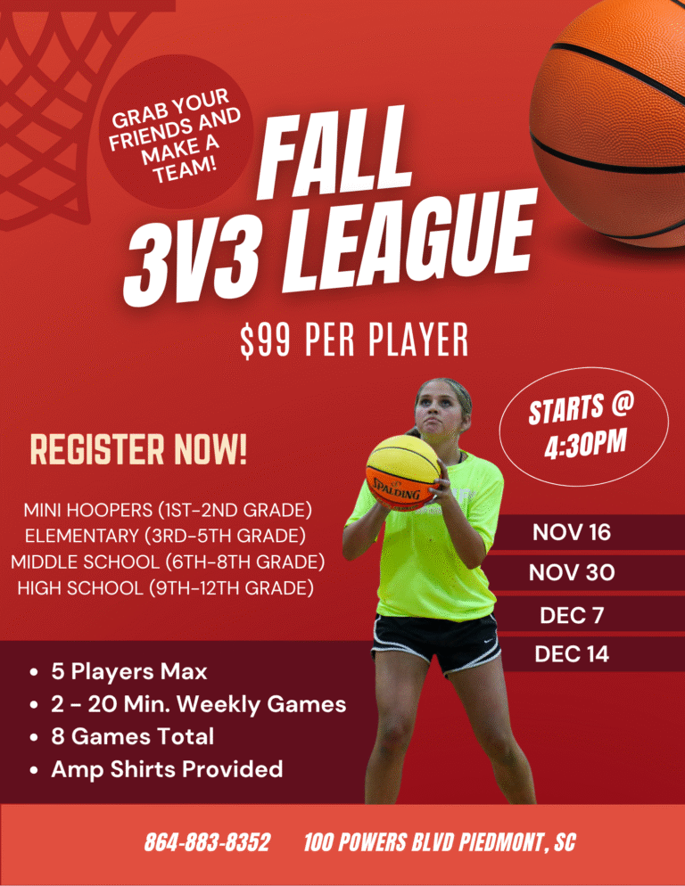 Fall 3v3 Basketball League at Amplify Sports in Piedmont, SC. $99 per player. Starts November 16.
