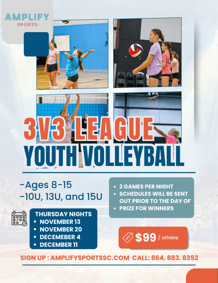 Youth Volleyball 3v3 League flyer for athletes ages 8–15 at Amplify Sports in Piedmont, SC. Includes league dates, pricing, and registration details.