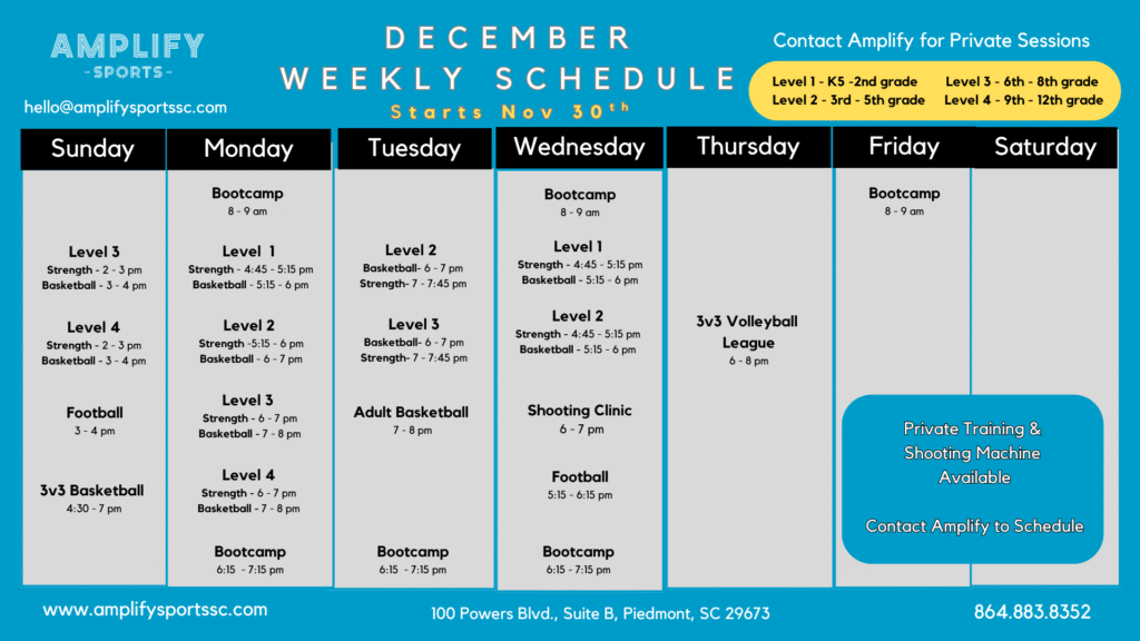December weekly schedule for Amplify Sports showing class times for basketball, strength, bootcamp, 3v3 volleyball, adult basketball, and private training options.
