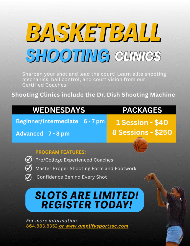 Amplify Sports Fall Basketball Shooting Clinics flyer showing class times, pricing, and program details for beginner, intermediate, and advanced players.