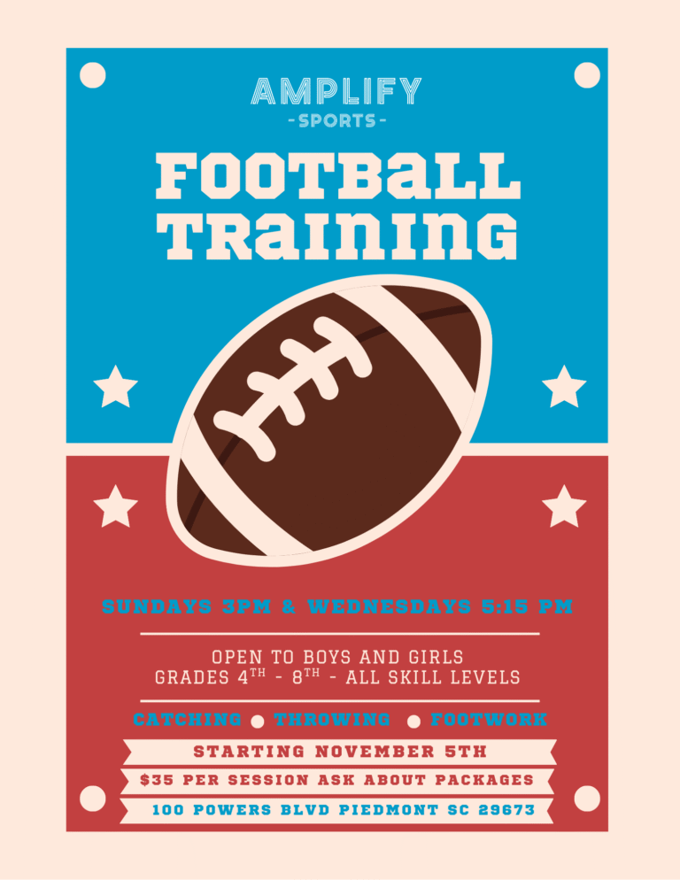 Football training flyer for boys and girls grades 4–8 at Amplify Sports. Promotes catching, throwing, and footwork sessions on Sundays and Wednesdays.