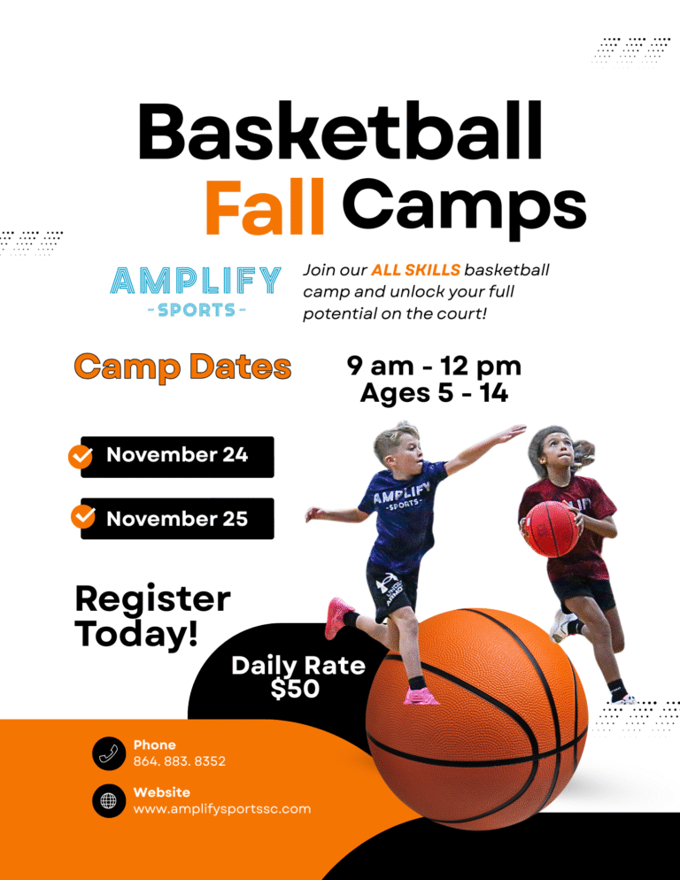 Amplify Sports Basketball Fall Camps for November 2025 featuring shooting, skills, and strength training sessions.