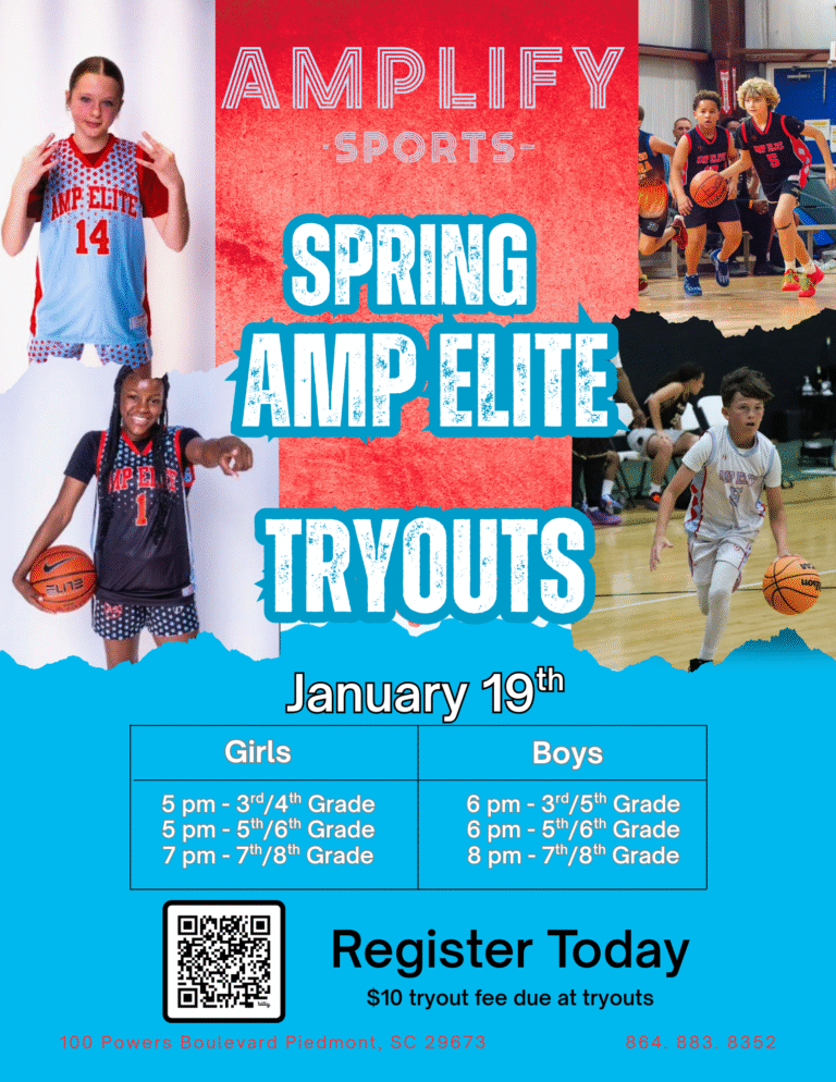 AMP Elite Spring 2026 AAU basketball tryouts flyer with date and registration details