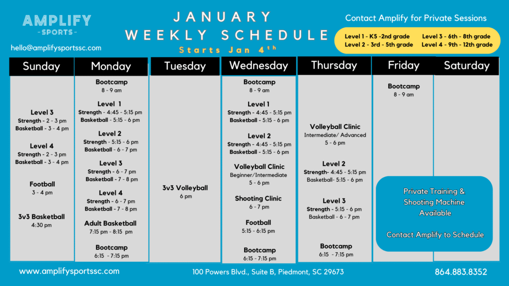 January weekly schedule for Amplify Sports showing basketball, volleyball, football, strength training, and bootcamp classes in Piedmont, South Carolina