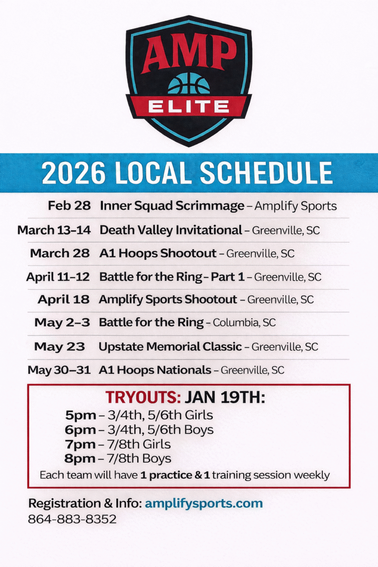 AMP Elite 2026 local basketball team schedule listing tournaments, locations, and January tryout times for boys and girls teams