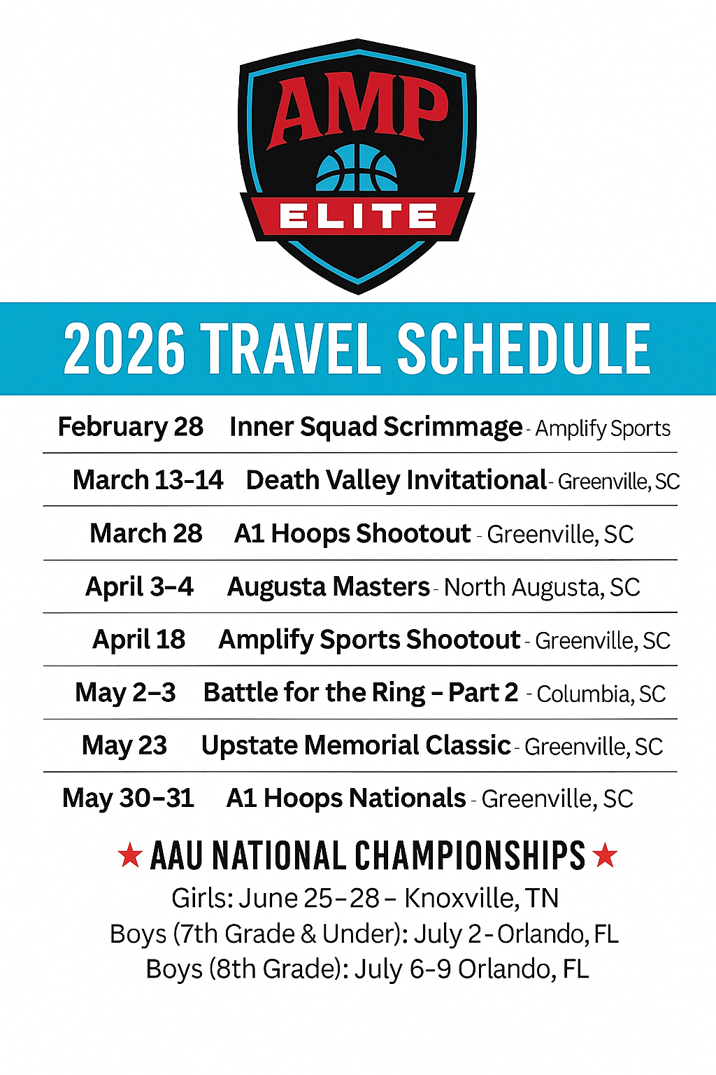 AMP Elite 2026 travel basketball schedule featuring regional tournaments, AAU national championships, and multi state travel events