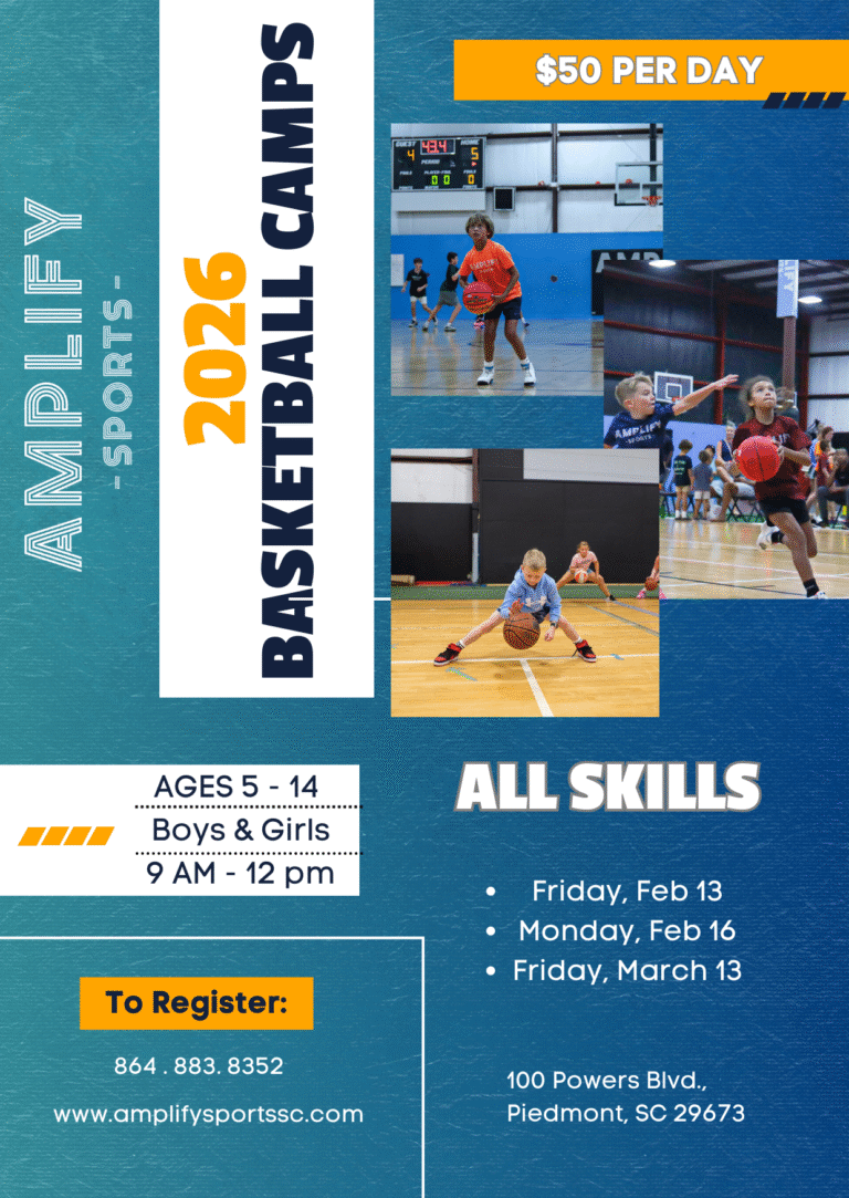 Youth basketball camp at Amplify Sports in Piedmont SC for boys and girls ages 5 to 14 focusing on skill development and game play.