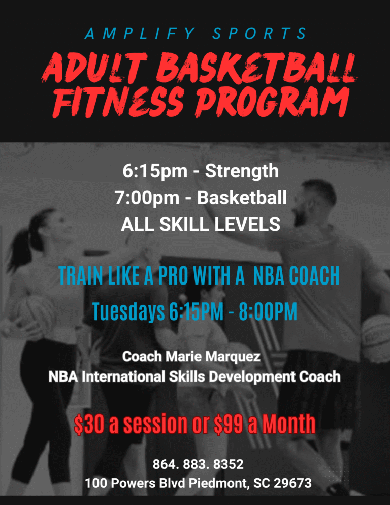 Adult basketball fitness program at Amplify Sports in Piedmont SC featuring strength and basketball training for all skill levels led by Coach Marie Marquez