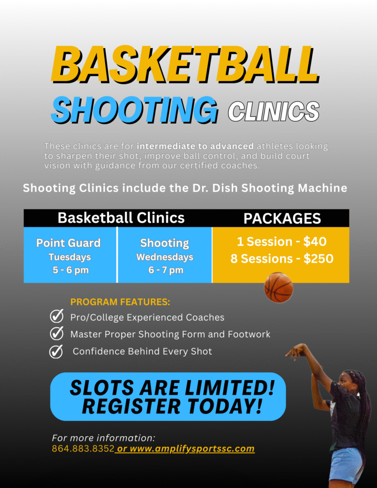 Basketball shooting clinics at Amplify Sports in Piedmont SC for intermediate and advanced athletes featuring point guard and shooting sessions with experienced coaches