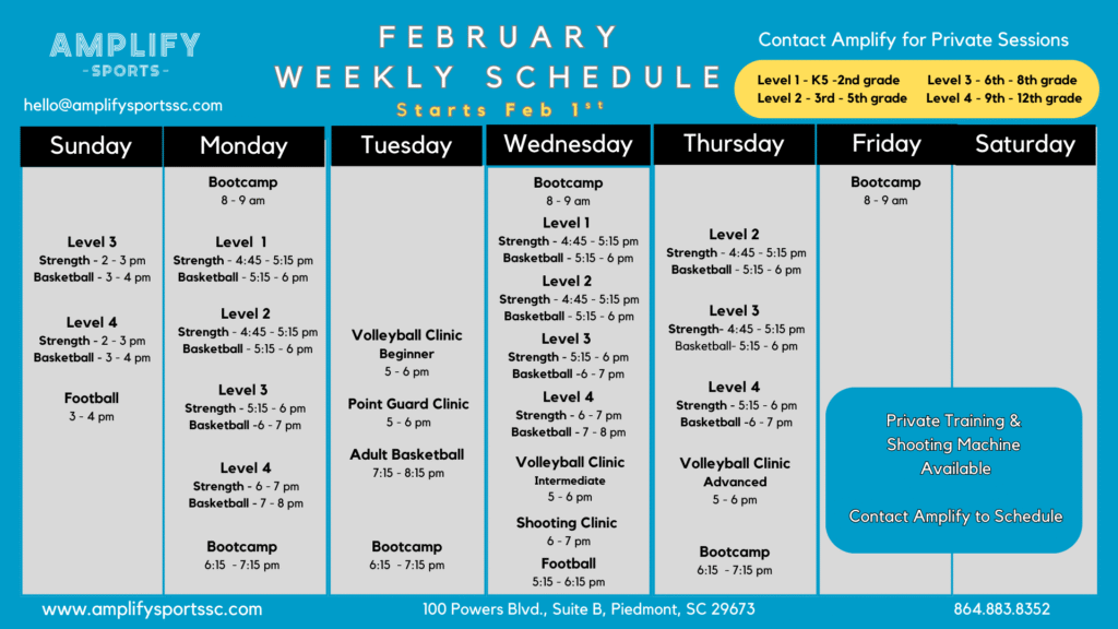 February weekly training schedule at Amplify Sports in Piedmont SC featuring basketball, volleyball, football, strength training, bootcamp, and adult basketball programs