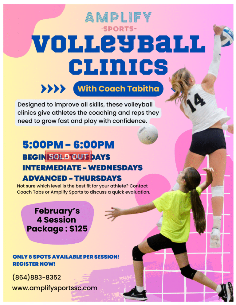 Youth volleyball clinics at Amplify Sports with Coach Tabitha for intermediate and advanced athletes in Piedmont SC.