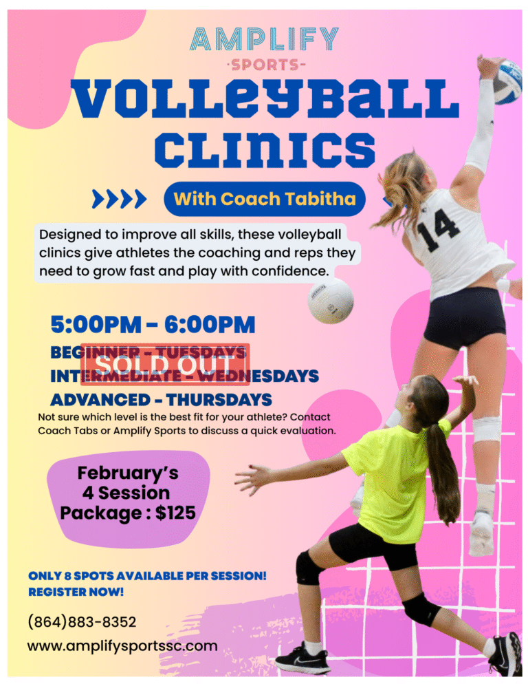 Amplify Sports youth volleyball clinics in Powdersville SC with Coach Tabitha for beginner, intermediate, and advanced players