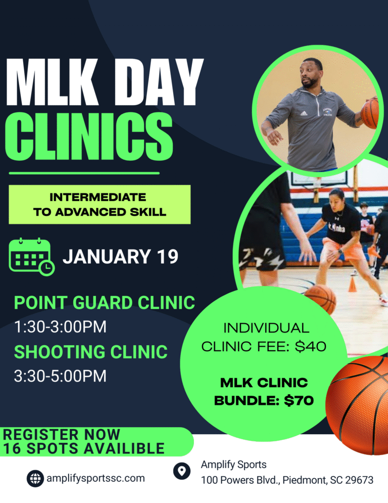 MLK Day basketball clinics flyer at Amplify Sports featuring point guard and shooting clinics on January 19 with times, pricing, and limited spots available.
