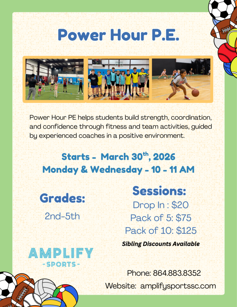 Youth Power Hour P.E. fitness program flyer for kids grades 2nd to 5th with strength training, basketball drills, schedule, and pricing at Amplify Sports