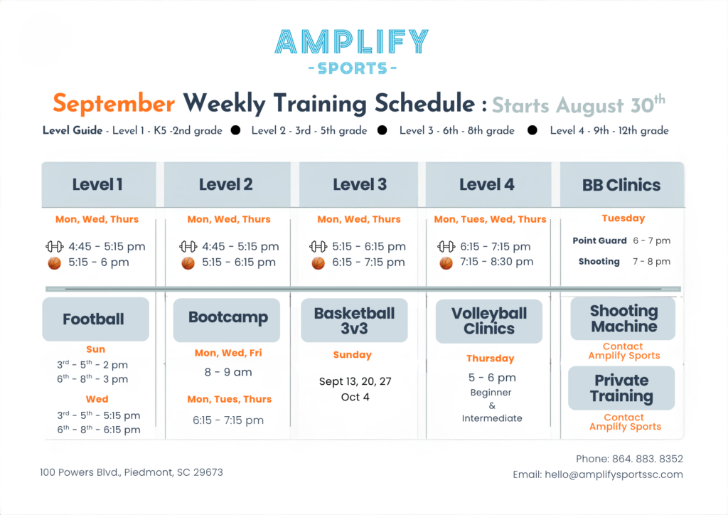 Amplify Sports September 2026 class and training schedule