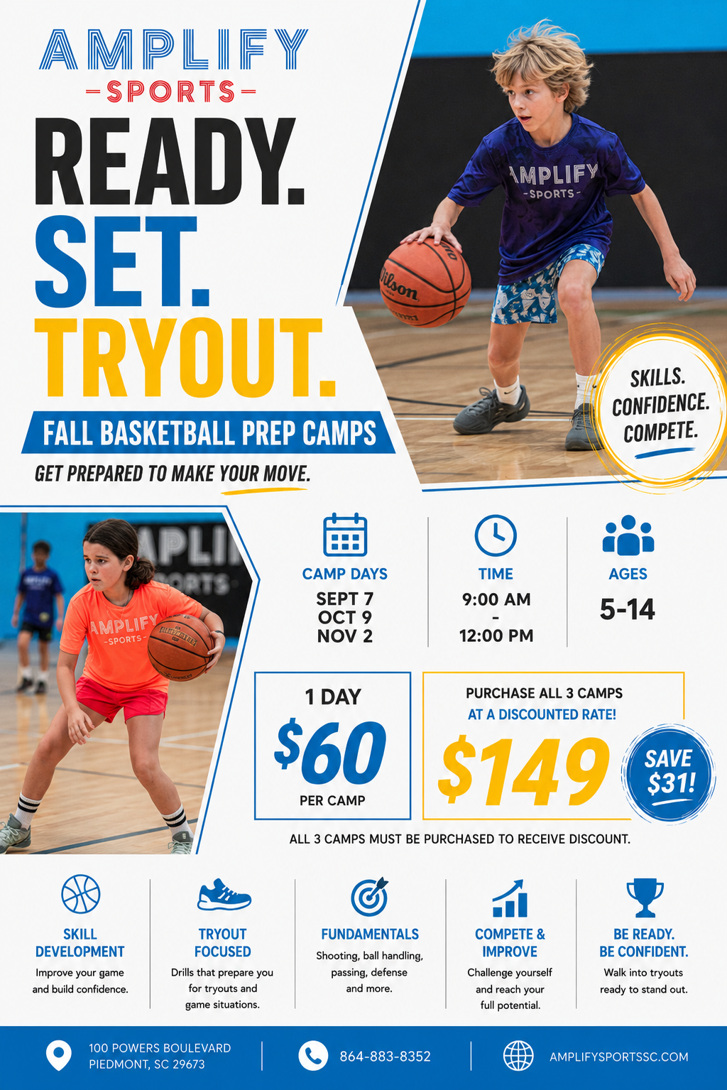 Fall basketball tryout prep camps for ages 5 to 14 at Amplify Sports in Upstate South Carolina
