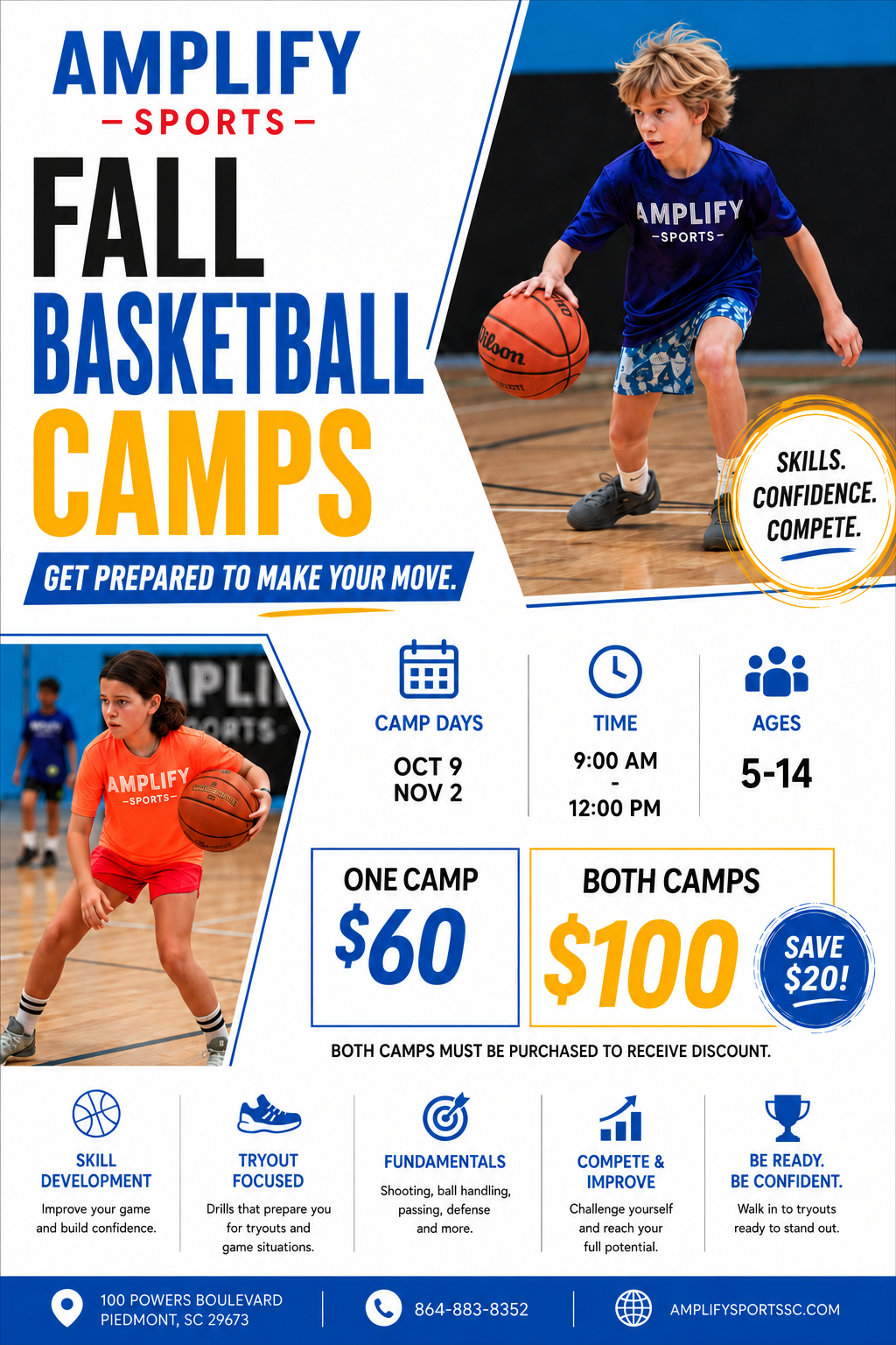 Fall basketball camps on October 9 and November 2 for ages 5 to 14 at Amplify Sports in Piedmont, South Carolina