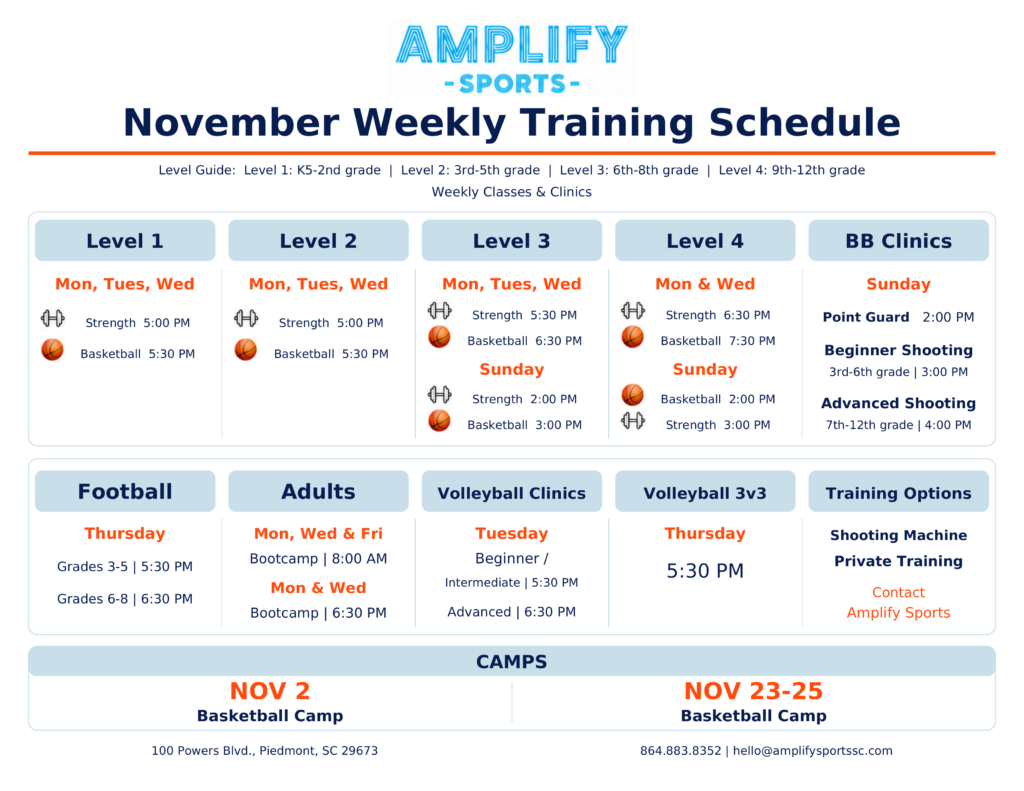 November 2026 basketball, volleyball, football and strength training schedule at Amplify Sports in Piedmont, SC. Copy