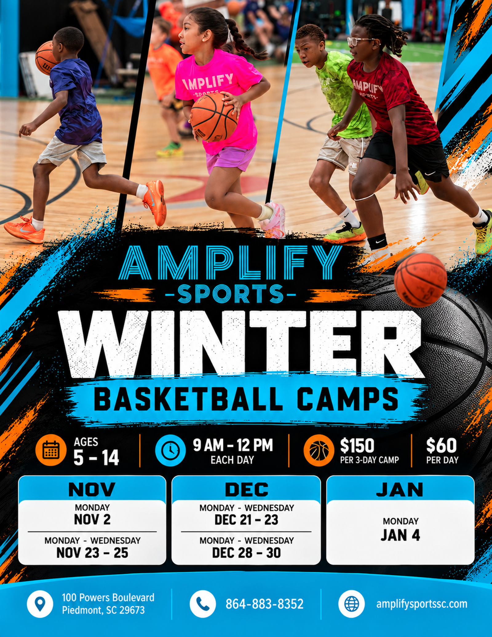 Amplify Sports Winter Basketball Camps with November, December and January camp dates